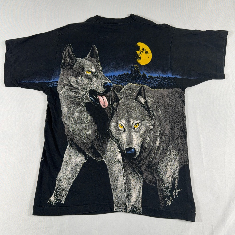 Vintage Wolf Moon Graphic T-Shirt AOP Single Stitch Large Black USA - Picture 7 of 9